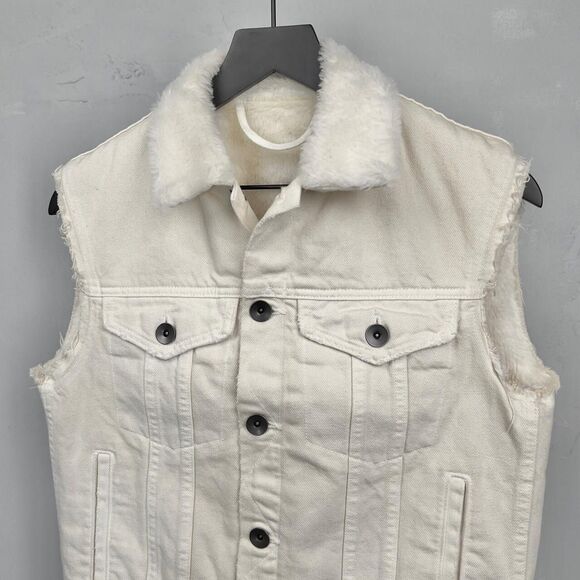 Helmut Lang Trucker Denim Vest in Ivory w/ Faux Fur Lining Women's Medium - Picture 3 of 6